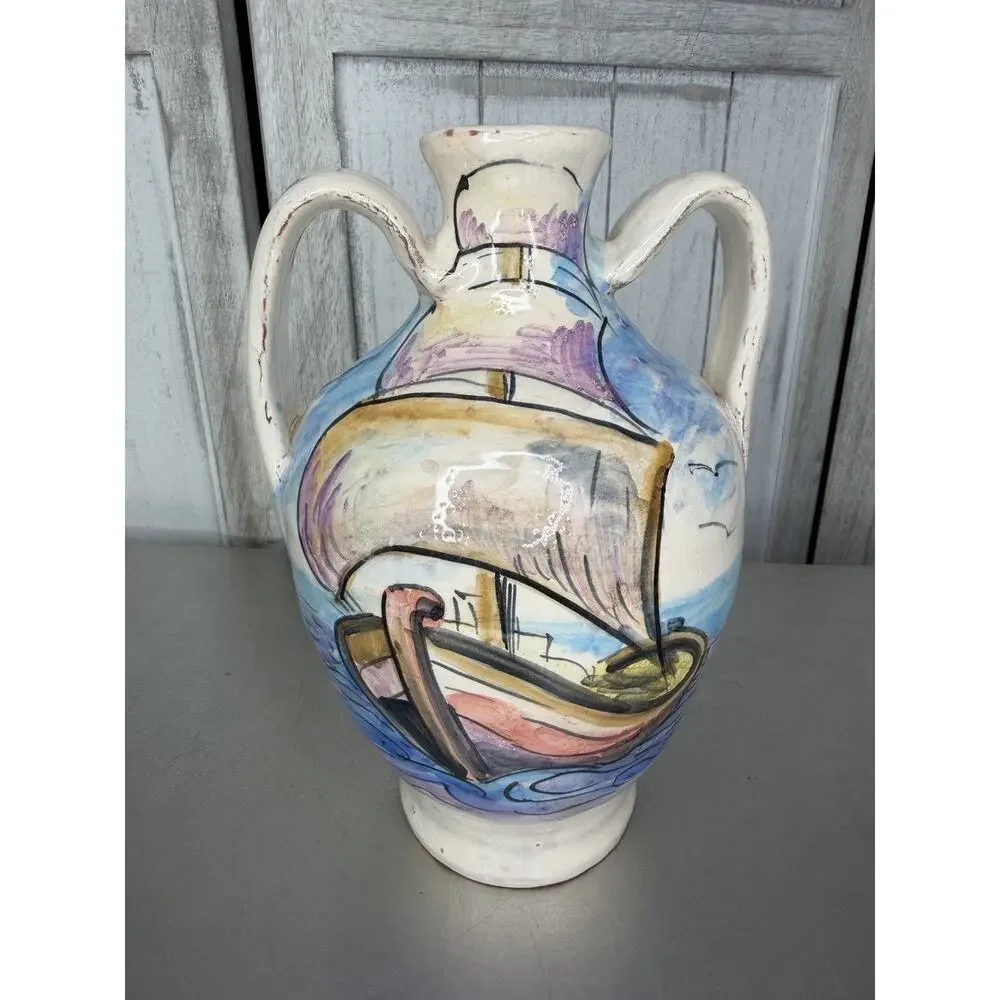 Vintage Pottery Vase Italy Nautical Ship Hand Painted Unique